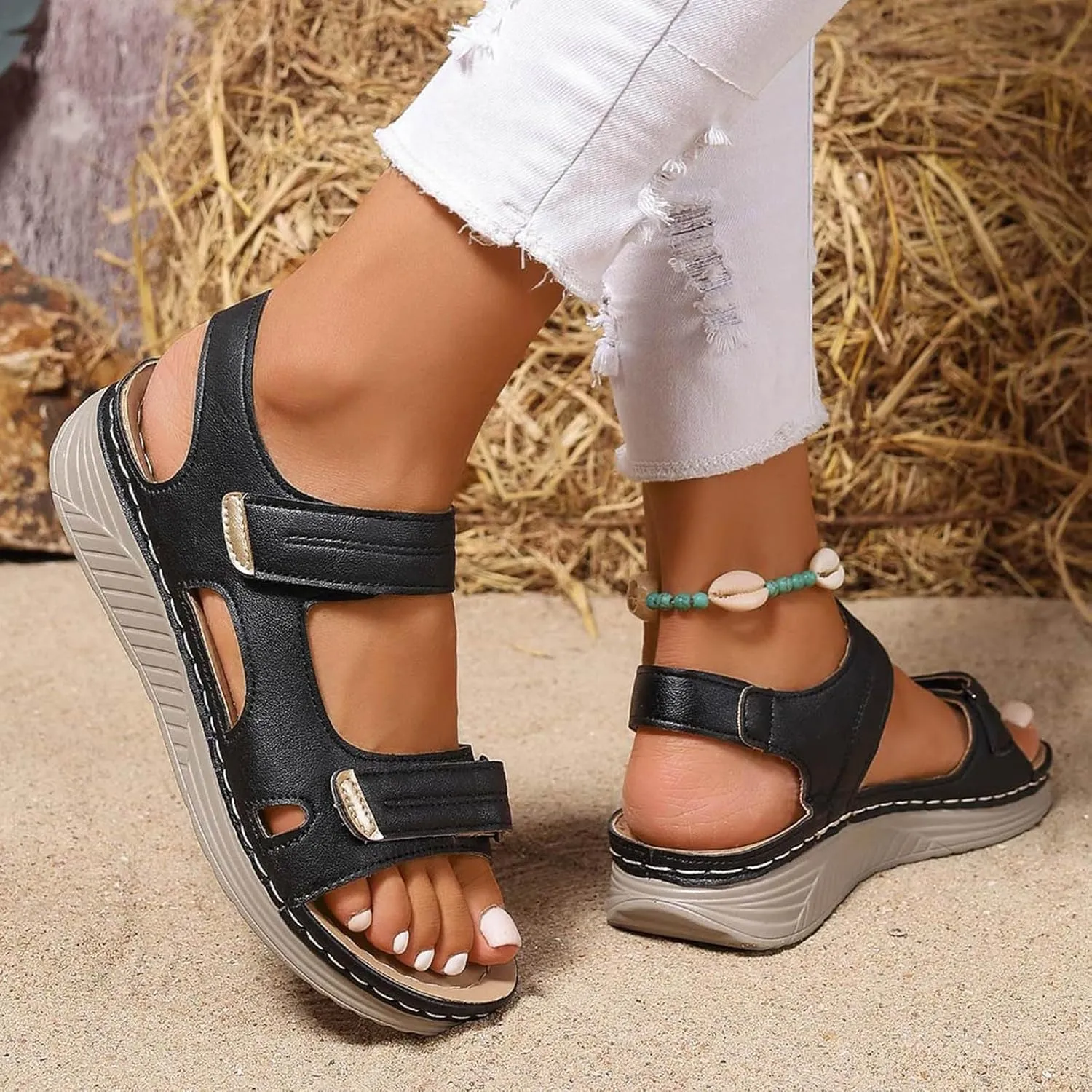 SuanlaTDS Women's Wedge Sandals 2025 Orthopedic Arch Support Comfortable Open Toe Platform Casual Dressy Summer Adjustable Ankle Strap Outdoor Walking Beach Shoes Low Heels Wedges Sandal