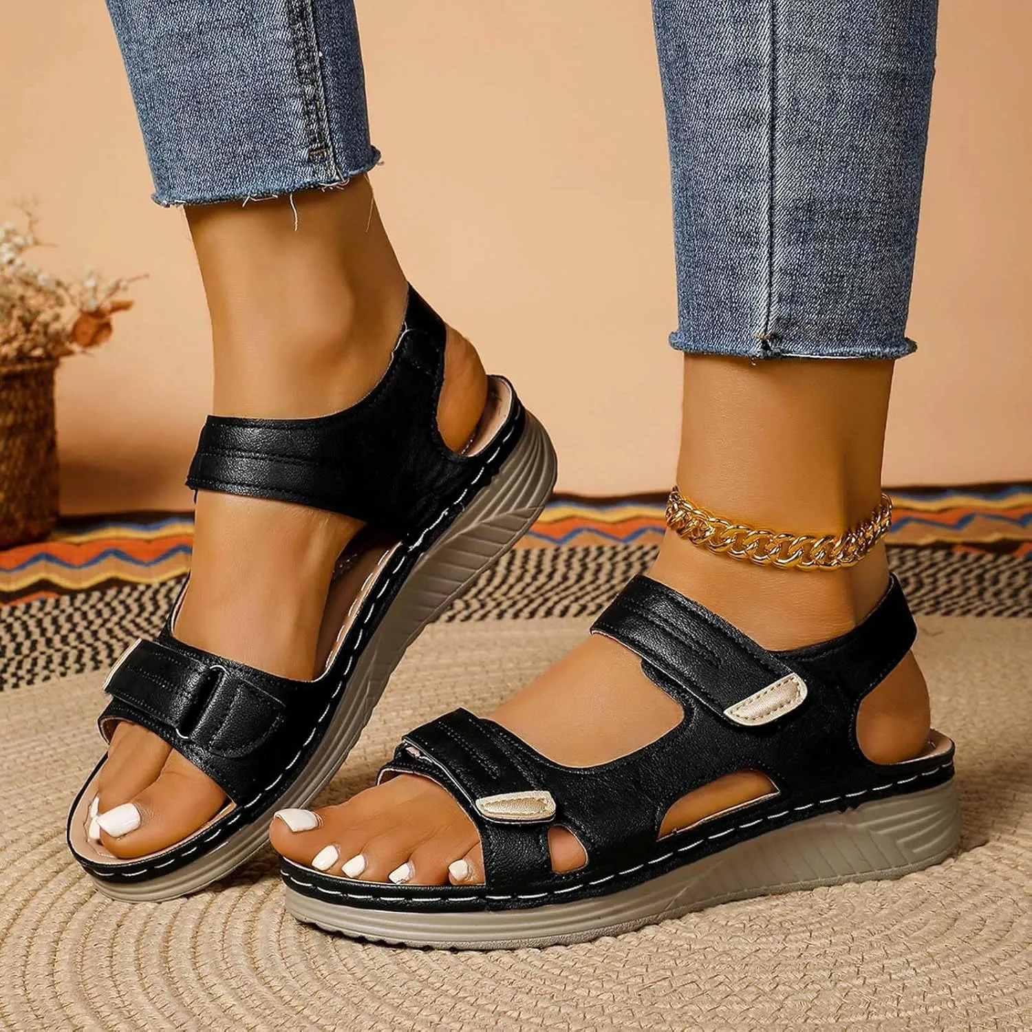 SuanlaTDS Women's Wedge Sandals 2025 Orthopedic Arch Support Comfortable Open Toe Platform Casual Dressy Summer Adjustable Ankle Strap Outdoor Walking Beach Shoes Low Heels Wedges Sandal