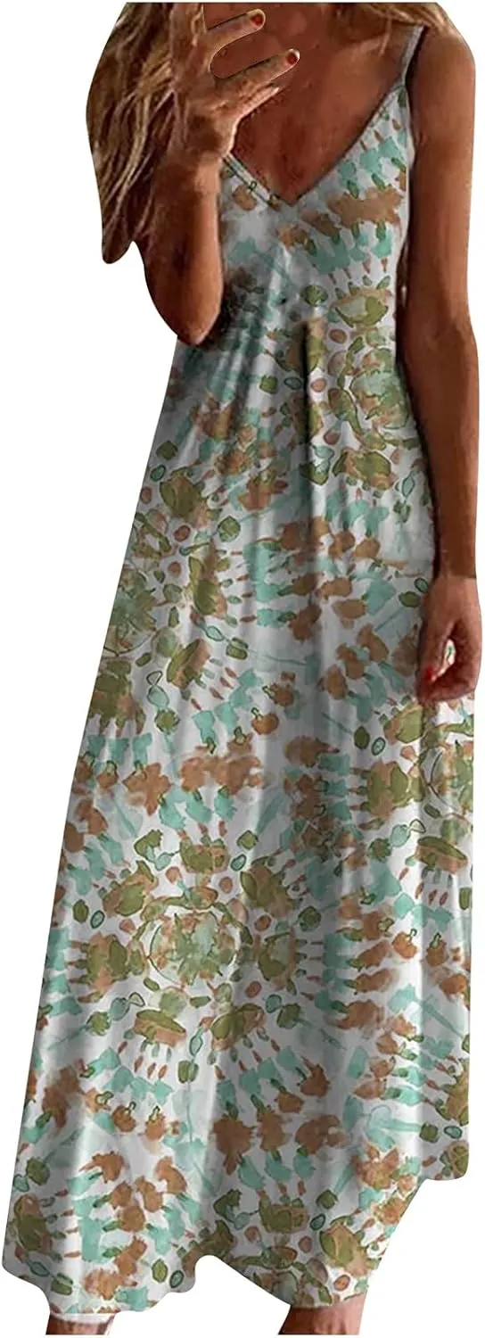 Summer Boho Dresses for Women 2024 Floral Print V Neck Sleeveless Maxi Dress Slim Casual Halter Flowy Beach Vacation Sundress