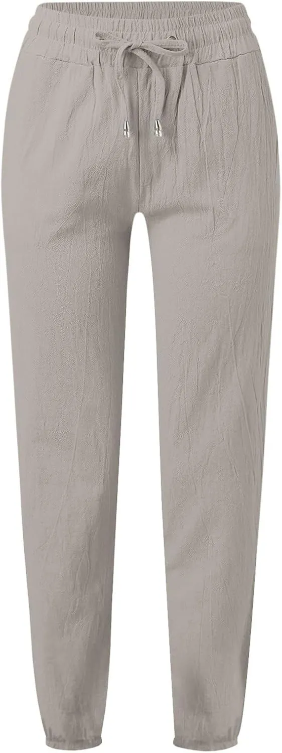 Summer Cotton Linen Pants for Women Drawstring High Waist Slim Straight Leg Pant Solid Color Harem Pants with Pockets