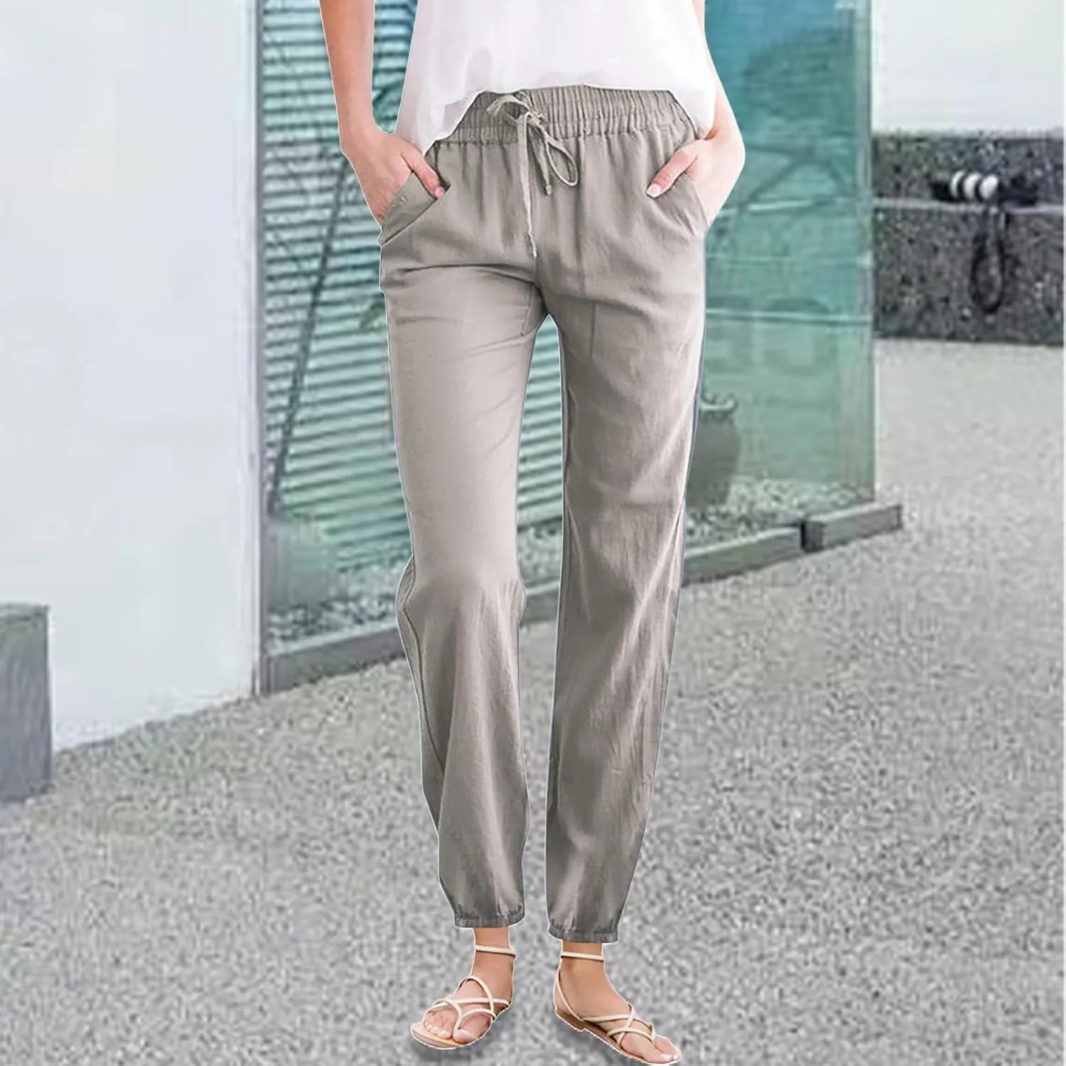 Summer Cotton Linen Pants for Women Drawstring High Waist Slim Straight Leg Pant Solid Color Harem Pants with Pockets