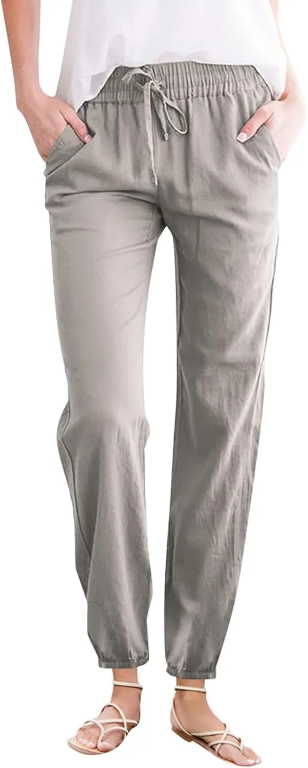 Summer Cotton Linen Pants for Women Drawstring High Waist Slim Straight Leg Pant Solid Color Harem Pants with Pockets