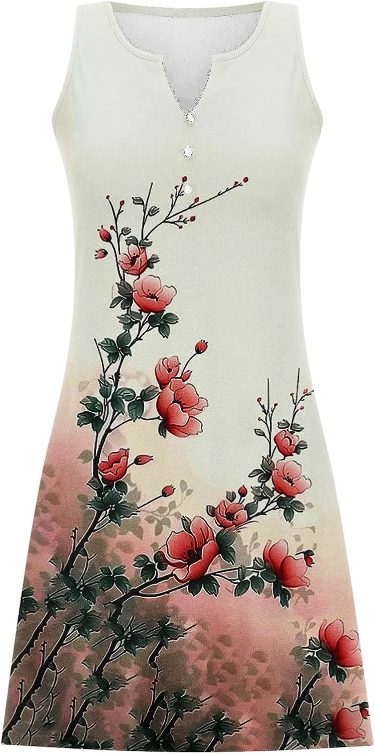 Summer Dresses for Women 2025 Beach Vacation Boho Floral Tunic Dress Sexy v Neck Sleeveless Mini Tank Sundress