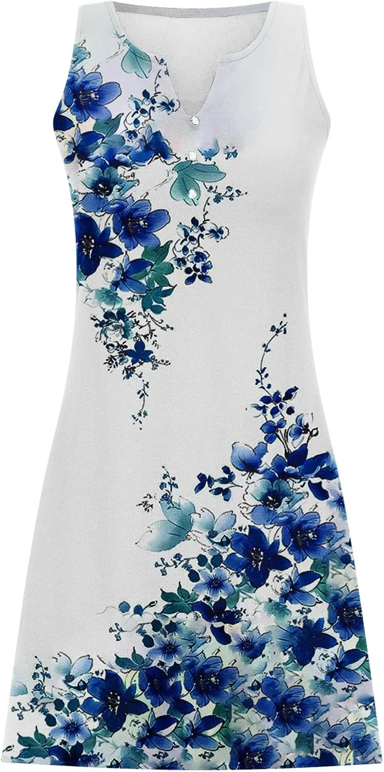 Summer Dresses for Women 2025 Beach Vacation Boho Floral Tunic Dress Sexy v Neck Sleeveless Mini Tank Sundress
