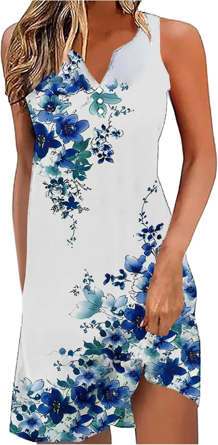 Summer Dresses for Women 2025 Beach Vacation Boho Floral Tunic Dress Sexy v Neck Sleeveless Mini Tank Sundress