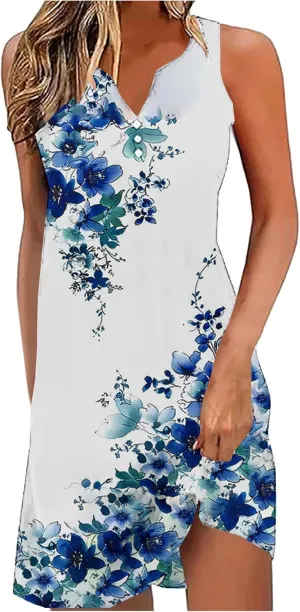 Summer Dresses for Women 2025 Beach Vacation Boho Floral Tunic Dress Sexy v Neck Sleeveless Mini Tank Sundress