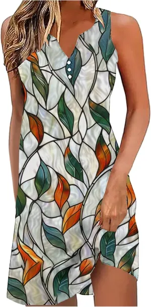 Summer Dresses for Women 2025 Beach Vacation Boho Floral Tunic Dress Sexy v Neck Sleeveless Mini Tank Sundress