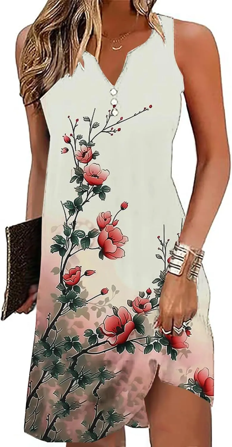 Summer Dresses for Women 2025 Beach Vacation Boho Floral Tunic Dress Sexy v Neck Sleeveless Mini Tank Sundress
