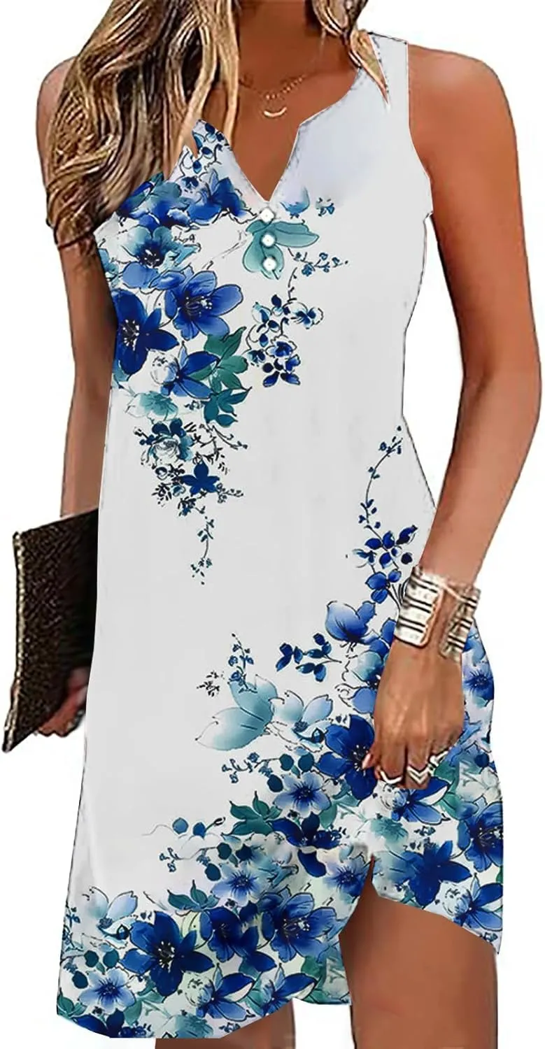 Summer Dresses for Women 2025 Beach Vacation Boho Floral Tunic Dress Sexy v Neck Sleeveless Mini Tank Sundress