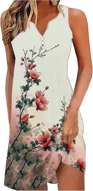 Summer Dresses for Women 2025 Beach Vacation Boho Floral Tunic Dress Sexy v Neck Sleeveless Mini Tank Sundress