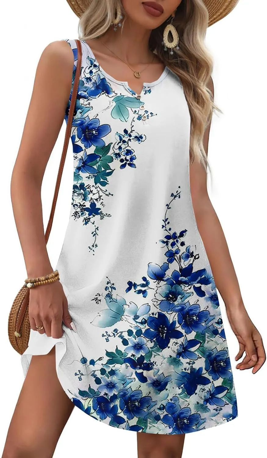 Summer Dresses for Women 2025 Beach Vacation Boho Floral Tunic Dress Sexy v Neck Sleeveless Mini Tank Sundress