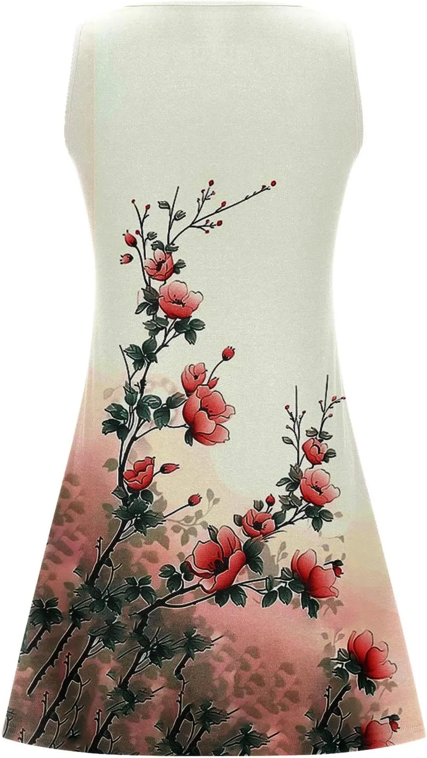 Summer Dresses for Women 2025 Beach Vacation Boho Floral Tunic Dress Sexy v Neck Sleeveless Mini Tank Sundress