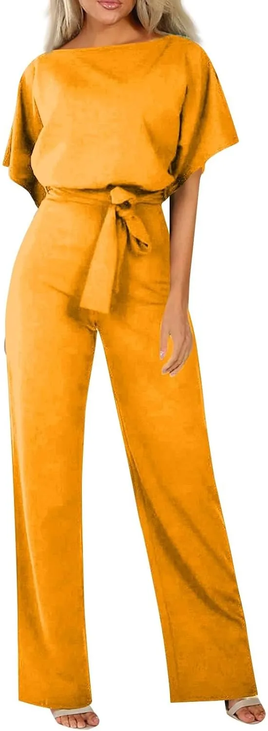 Summer Jumpsuits for Women Loose Short Sleeve Belted Wide Leg Pant Romper 2025 Casual One Piece Overalls Outfits