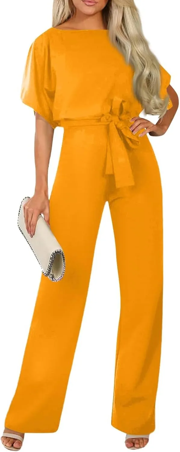 Summer Jumpsuits for Women Loose Short Sleeve Belted Wide Leg Pant Romper 2025 Casual One Piece Overalls Outfits