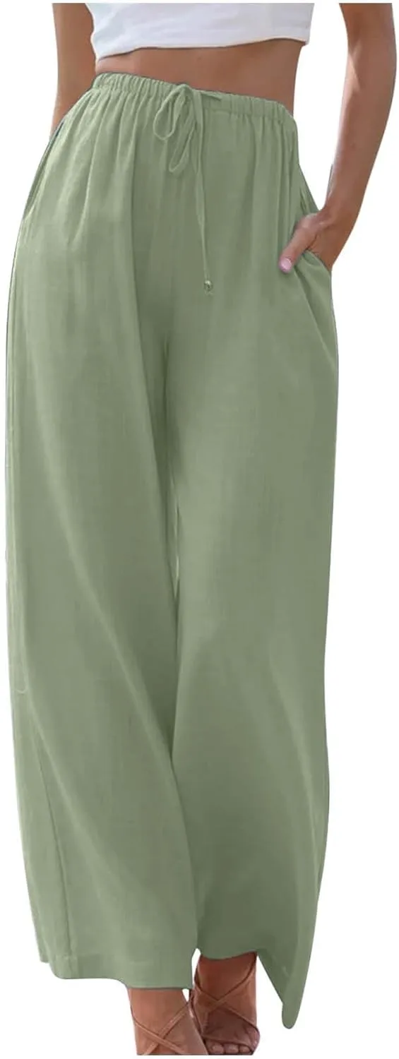 Summer Linen Wide Leg Pants for Women Casual Flowy Palazzo Pant Drawstring Elastic Waist Loose Fit Trousers