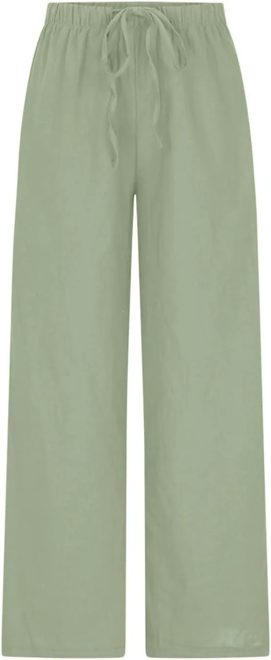 Summer Linen Wide Leg Pants for Women Casual Flowy Palazzo Pant Drawstring Elastic Waist Loose Fit Trousers