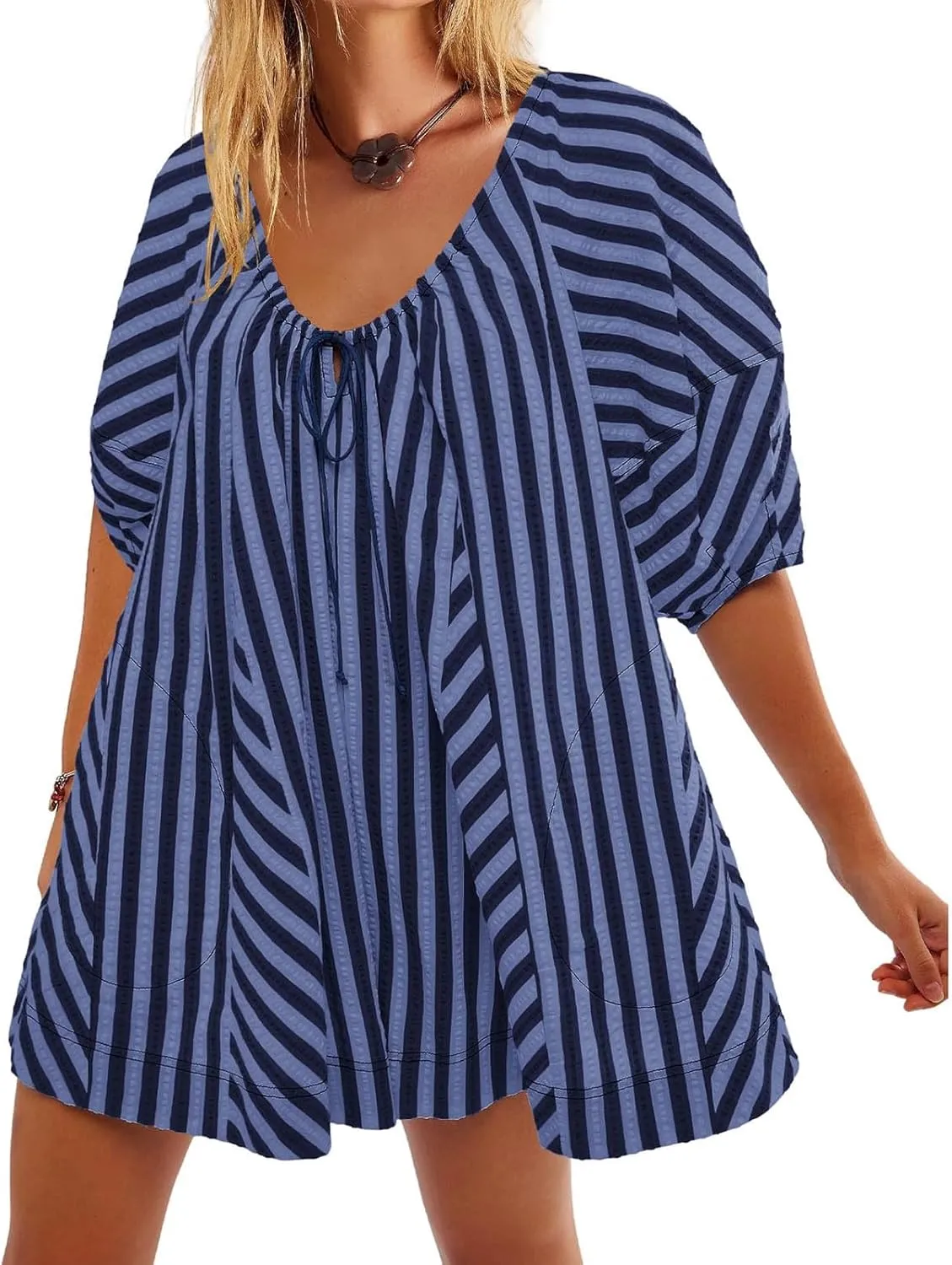 Summer Tshirt Romper for Women Casual Striped Romper Puff Short Sleeve Wide Leg Oversized Romper With Pockets