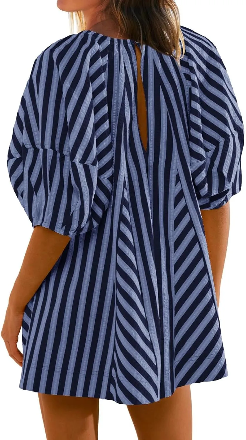 Summer Tshirt Romper for Women Casual Striped Romper Puff Short Sleeve Wide Leg Oversized Romper With Pockets