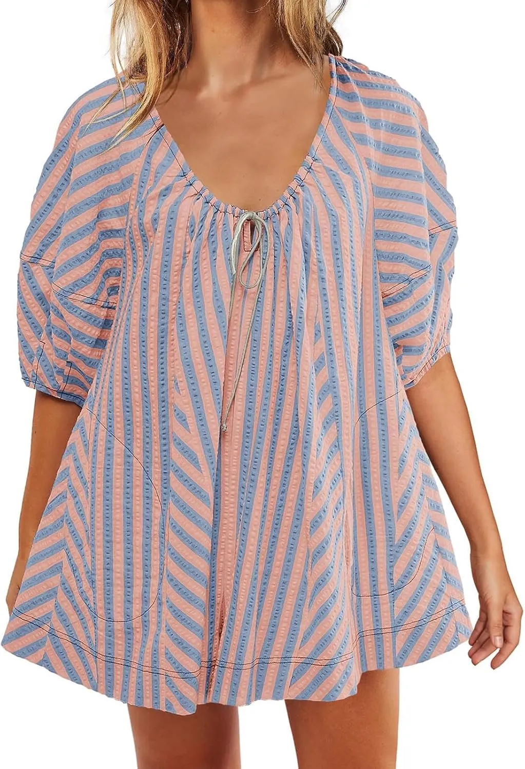 Summer Tshirt Romper for Women Casual Striped Romper Puff Short Sleeve Wide Leg Oversized Romper With Pockets