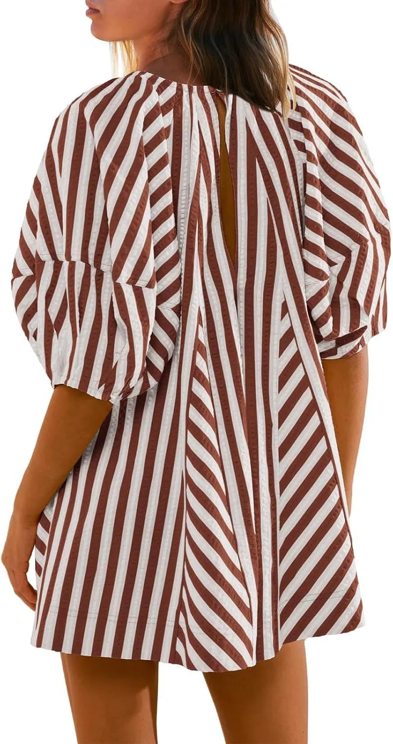 Summer Tshirt Romper for Women Casual Striped Romper Puff Short Sleeve Wide Leg Oversized Romper With Pockets