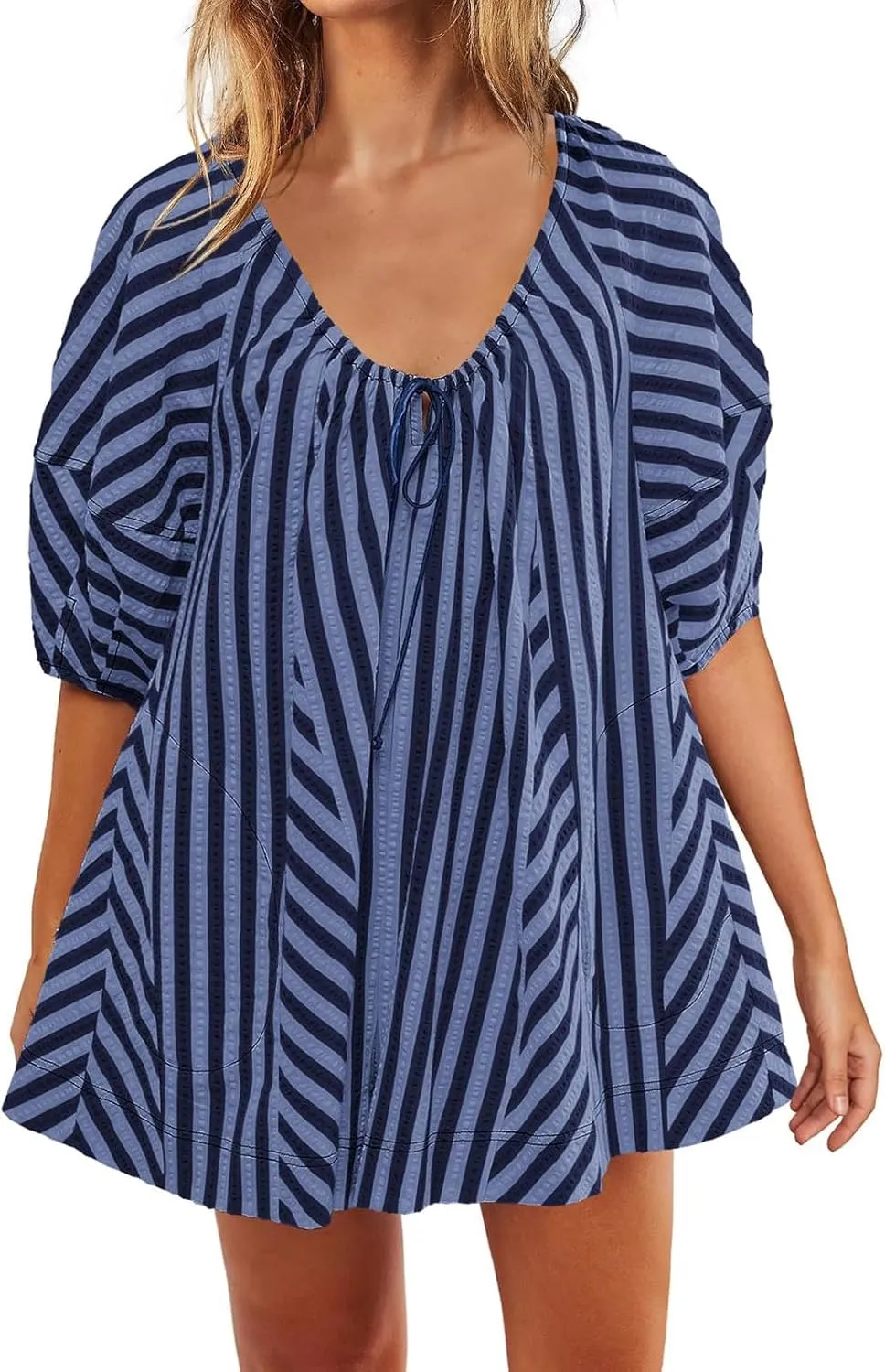 Summer Tshirt Romper for Women Casual Striped Romper Puff Short Sleeve Wide Leg Oversized Romper With Pockets