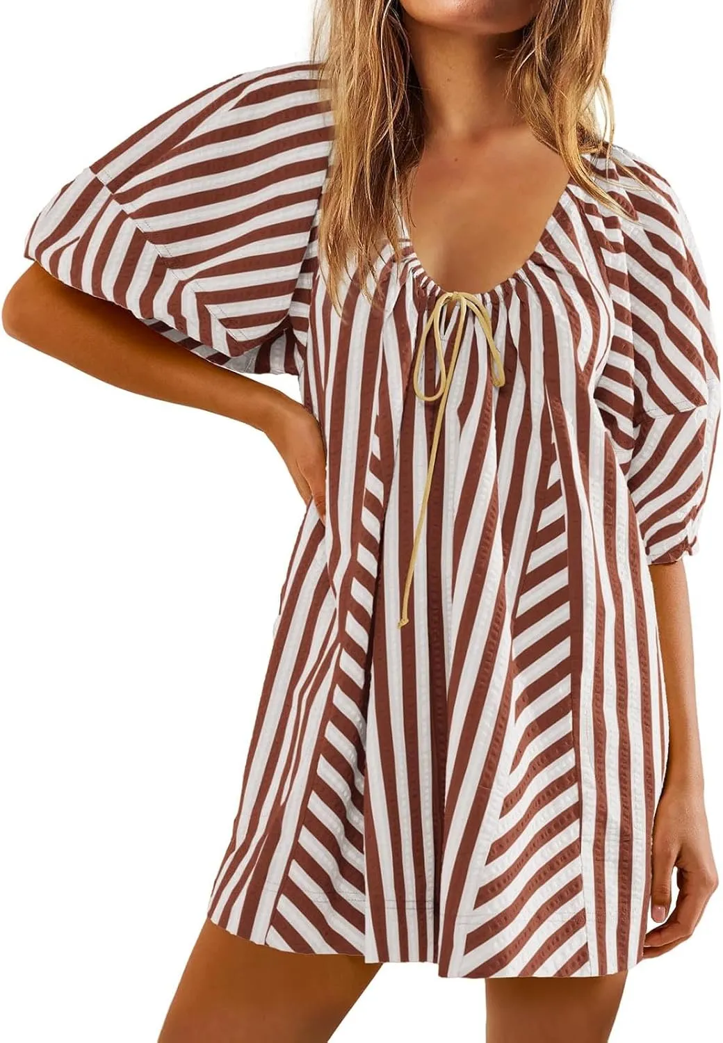 Summer Tshirt Romper for Women Casual Striped Romper Puff Short Sleeve Wide Leg Oversized Romper With Pockets