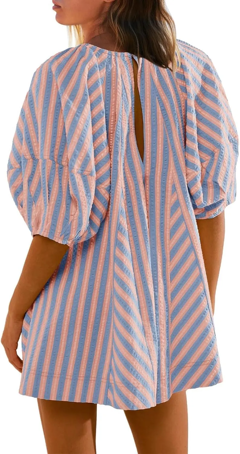Summer Tshirt Romper for Women Casual Striped Romper Puff Short Sleeve Wide Leg Oversized Romper With Pockets