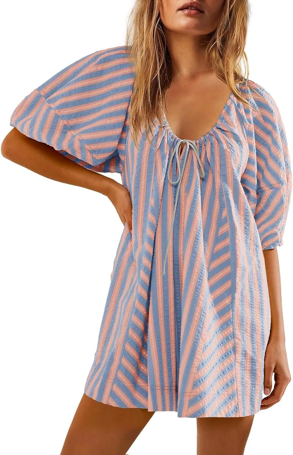 Summer Tshirt Romper for Women Casual Striped Romper Puff Short Sleeve Wide Leg Oversized Romper With Pockets