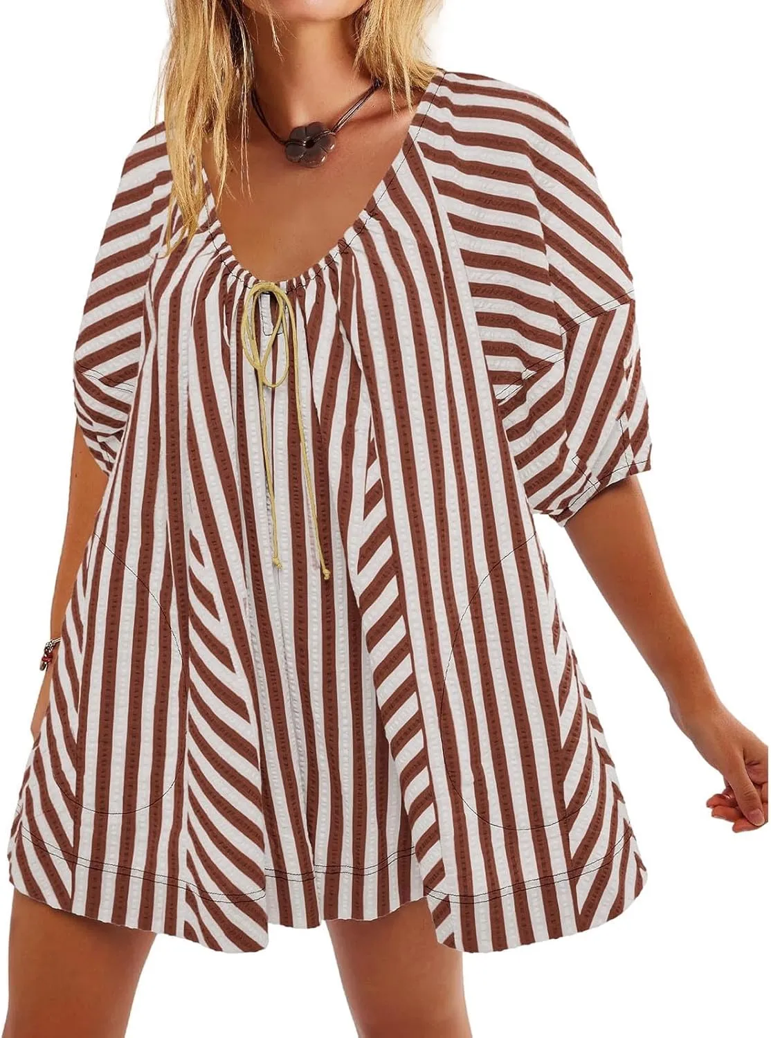 Summer Tshirt Romper for Women Casual Striped Romper Puff Short Sleeve Wide Leg Oversized Romper With Pockets