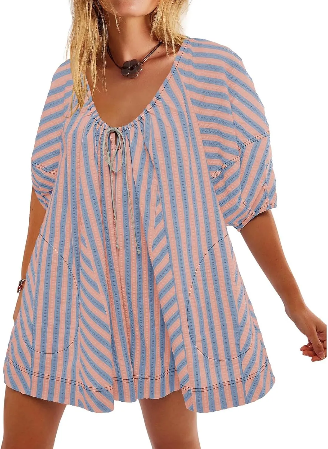 Summer Tshirt Romper for Women Casual Striped Romper Puff Short Sleeve Wide Leg Oversized Romper With Pockets