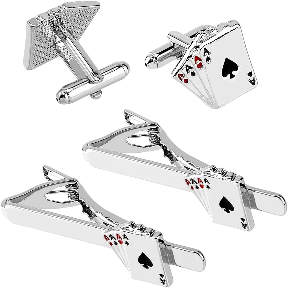 SUPERFINDINGS 4Pcs Poker Playing Cards Cufflinks and Tie Clip Sets Gentleman's Tie Clips Fun Alloy Enamel Cufflinks for Mens Suit Formal Shirt Business Party Accessories