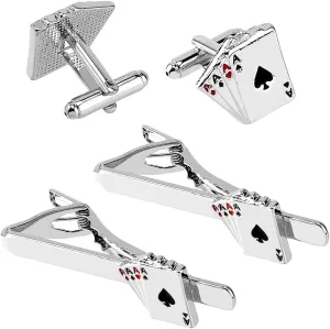 SUPERFINDINGS 4Pcs Poker Playing Cards Cufflinks and Tie Clip Sets Gentleman's Tie Clips Fun Alloy Enamel Cufflinks for Mens Suit Formal Shirt Business Party Accessories