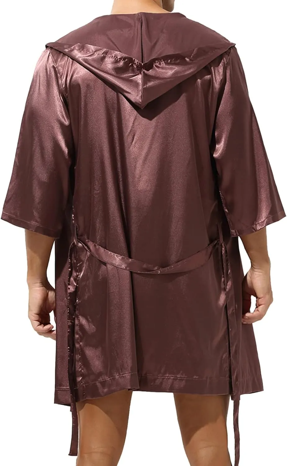 Sxiwei Men's Satin Silk Pajamas Shorts Set Silk Hooded Bathrobe Kimono Robe Lightweight Nightgown
