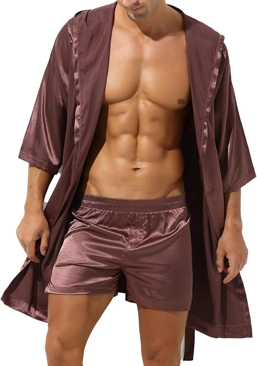 Sxiwei Men's Satin Silk Pajamas Shorts Set Silk Hooded Bathrobe Kimono Robe Lightweight Nightgown