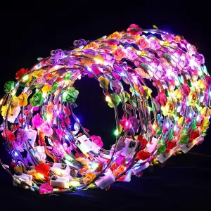 Syhood 50 Pcs LED Flower Crowns Headbands, Light up Flower Crowns for Women, Glow in The Dark Headband for Wedding Reception Birthday Christmas Mardi Gras Cosplay Princess Party Favors(Rose)