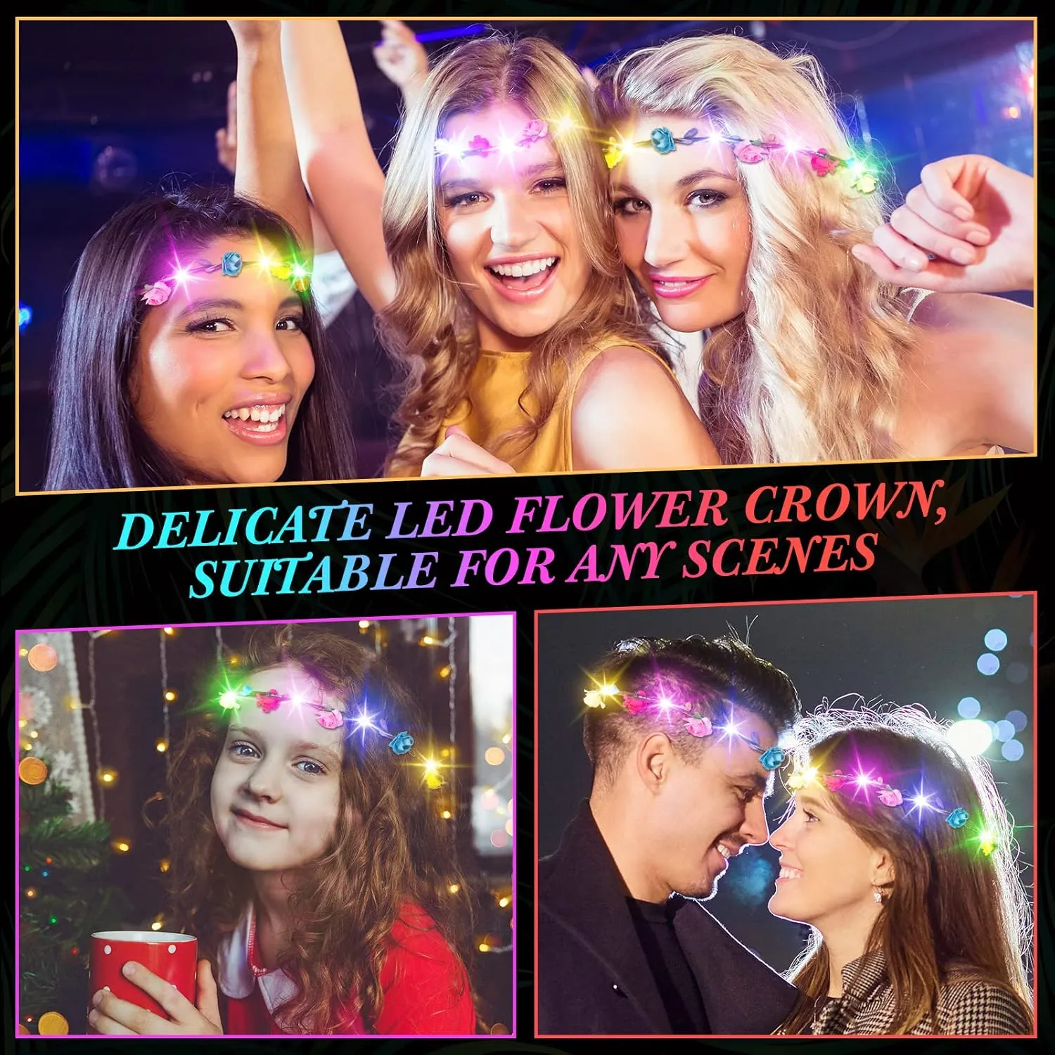 Syhood 50 Pcs LED Flower Crowns Headbands, Light up Flower Crowns for Women, Glow in The Dark Headband for Wedding Reception Birthday Christmas Mardi Gras Cosplay Princess Party Favors(Rose)
