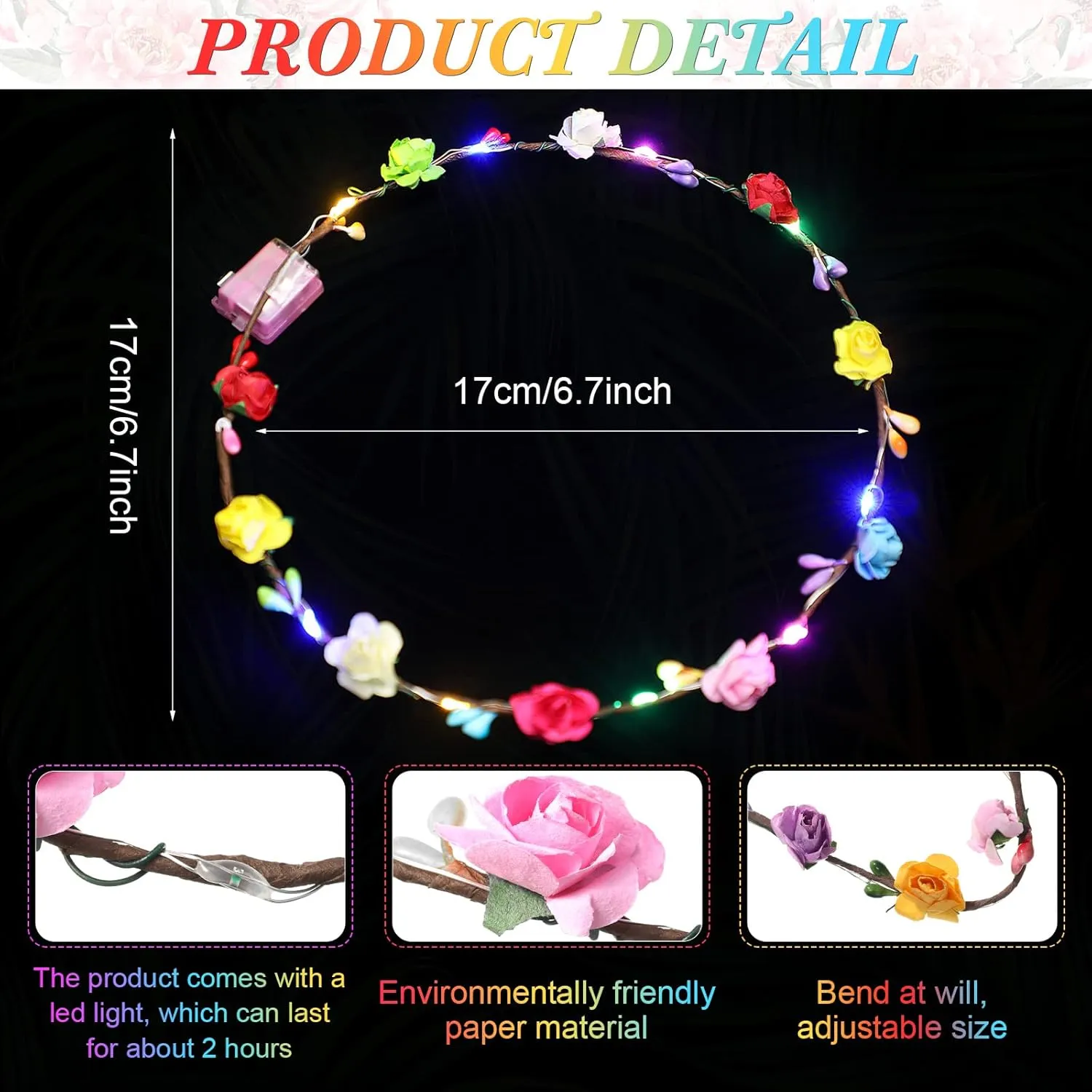 Syhood 50 Pcs LED Flower Crowns Headbands, Light up Flower Crowns for Women, Glow in The Dark Headband for Wedding Reception Birthday Christmas Mardi Gras Cosplay Princess Party Favors(Rose)