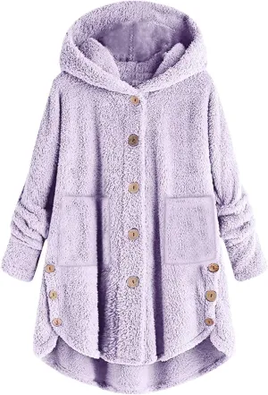 TANGNADE Dressy Winter Jackets for Women 2024 Trendy Plus Size Button Plush Hooded Loose Cardigan Wool Coat Winter Jacket