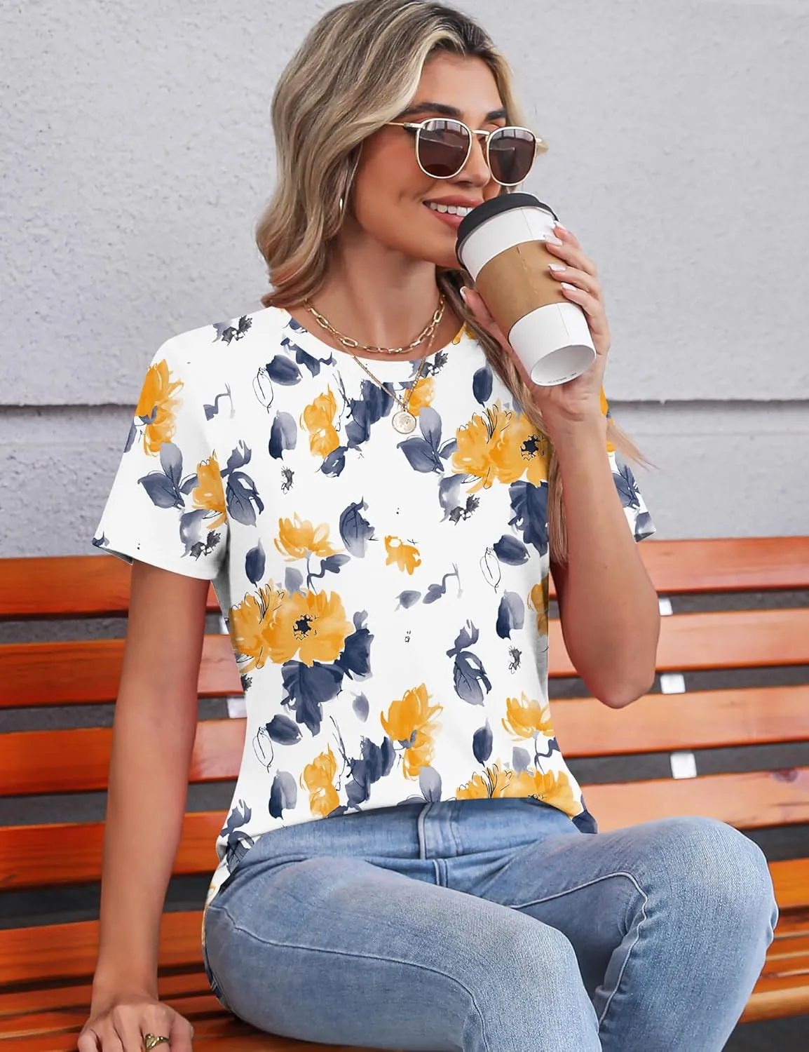 TCOT Women's Tops Summer Short Sleeve Crew Neck Shirts Dressy Casual Blouses for Women S-3XL