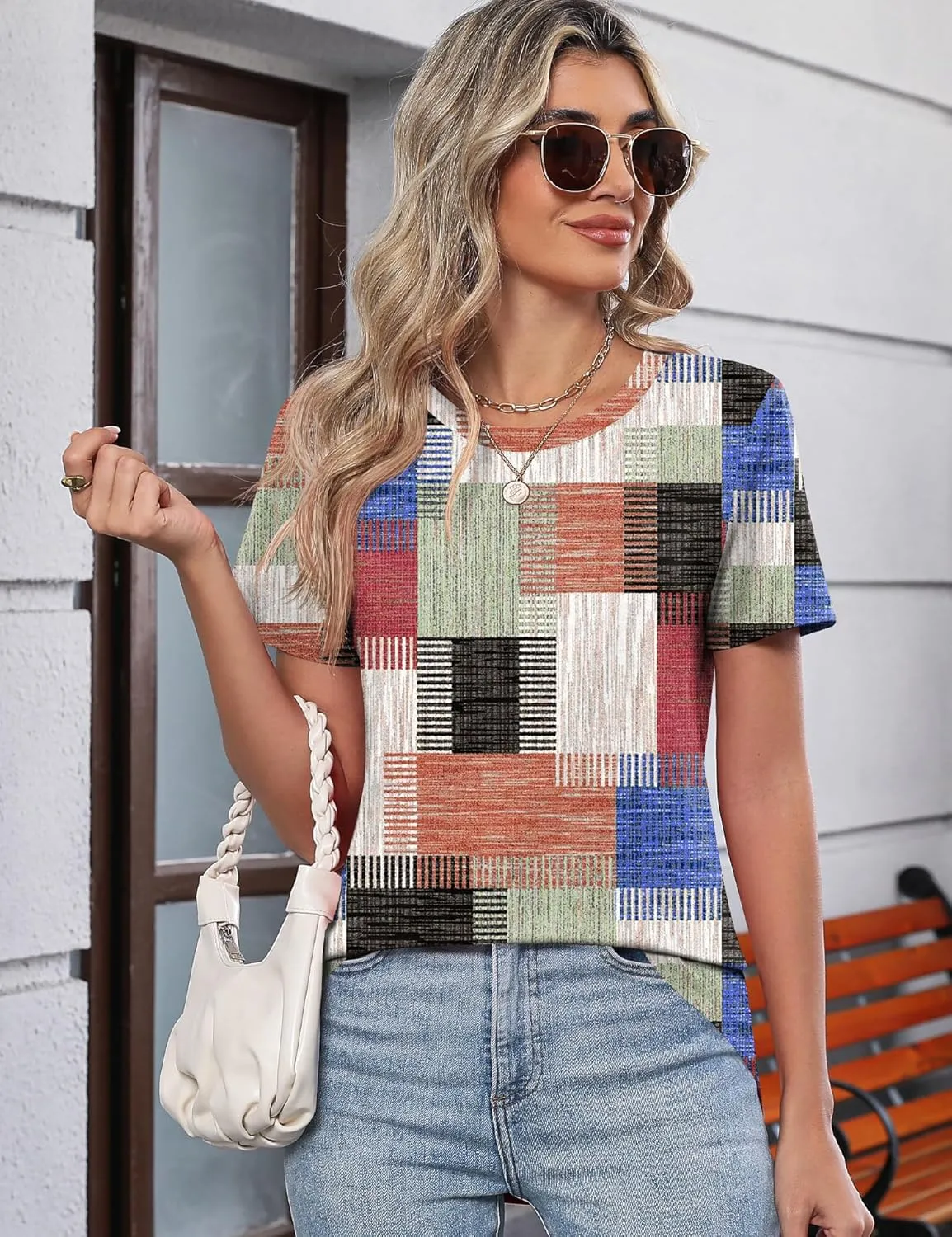 TCOT Women's Tops Summer Short Sleeve Crew Neck Shirts Dressy Casual Blouses for Women S-3XL