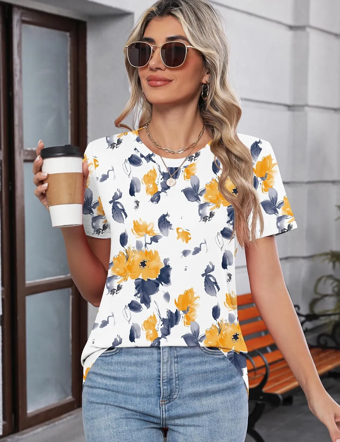TCOT Women's Tops Summer Short Sleeve Crew Neck Shirts Dressy Casual Blouses for Women S-3XL
