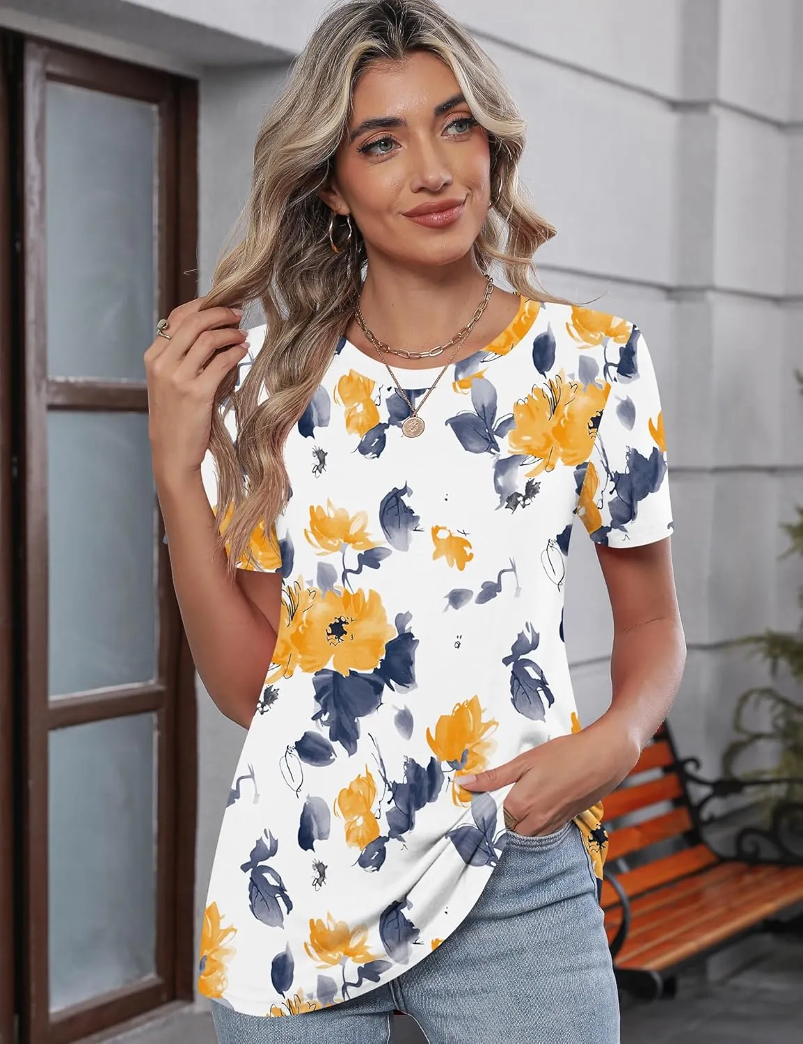 TCOT Women's Tops Summer Short Sleeve Crew Neck Shirts Dressy Casual Blouses for Women S-3XL