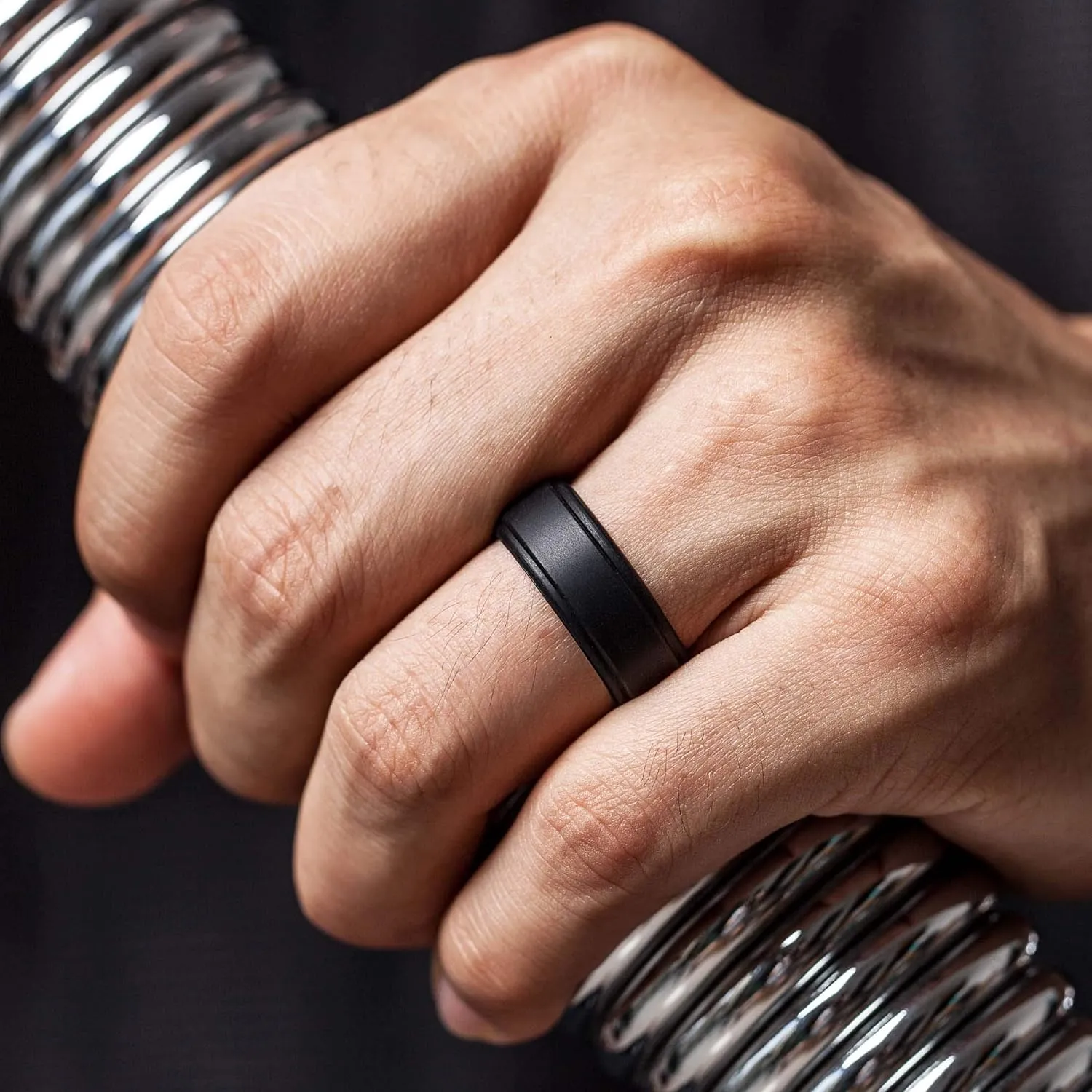 ThunderFit Silicone Wedding Rings for Men - Step Edge Sleek Design - 4 Rubber Engagement Bands - 8mm Width - 2mm Thickness