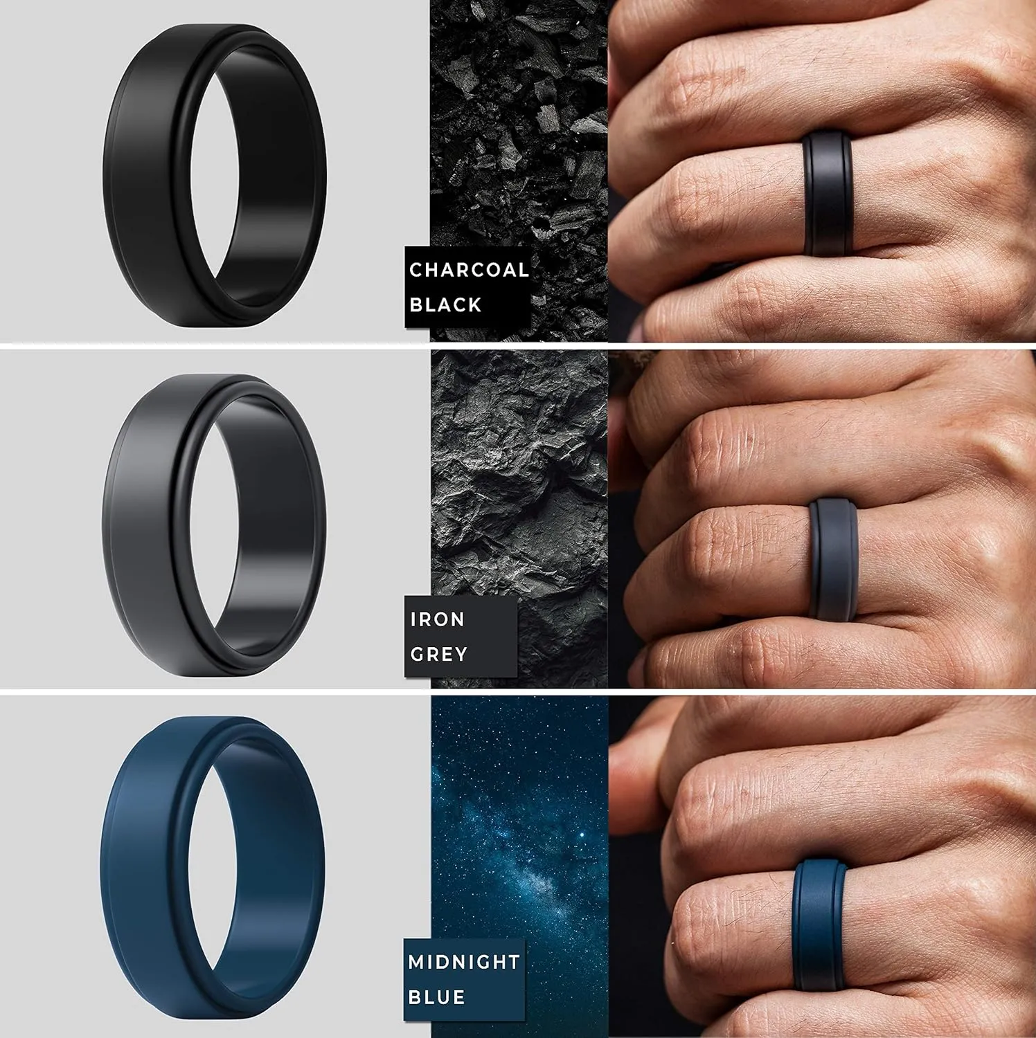 ThunderFit Silicone Wedding Rings for Men - Step Edge Sleek Design - 7 Rubber Engagement Bands - 8mm Width - 2mm Thickness