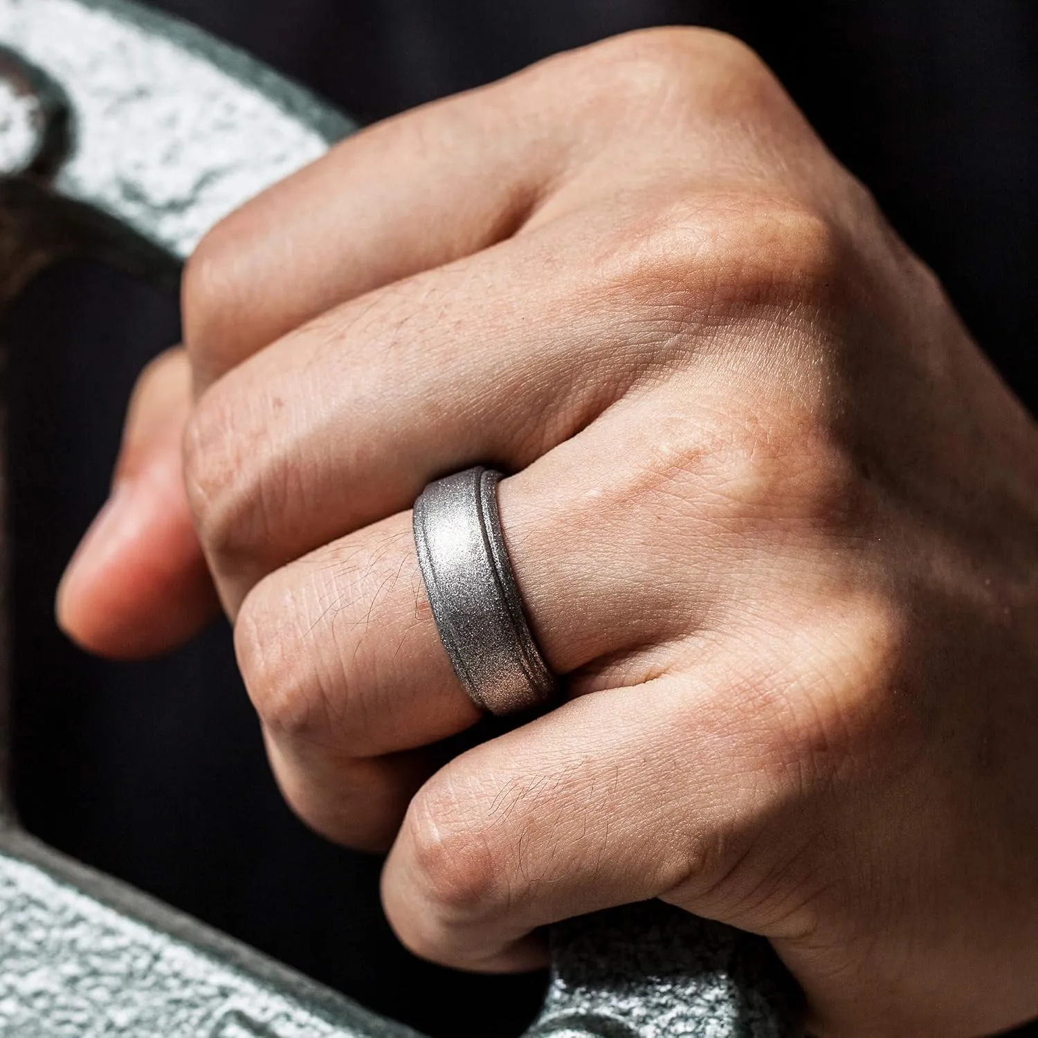 ThunderFit Silicone Wedding Rings for Men - Step Edge Sleek Design Rubber Engagement Bands - 8mm Width - 2mm Thickness