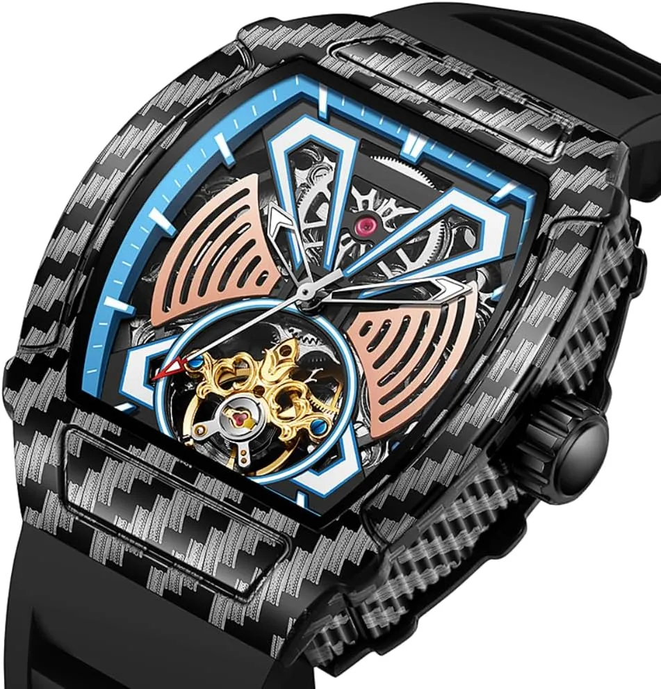 Tonneau Case Design Fashion Hollow Tourbillon Men Watches Luxury Big Dial Skeleton Automatic Mechanical Watch Waterproof Rubber Strap Wristwatch