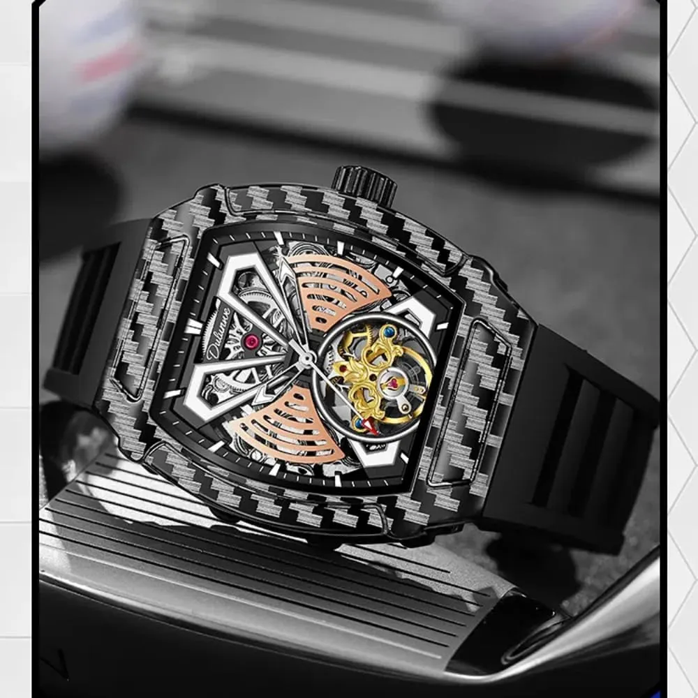 Tonneau Case Design Fashion Hollow Tourbillon Men Watches Luxury Big Dial Skeleton Automatic Mechanical Watch Waterproof Rubber Strap Wristwatch