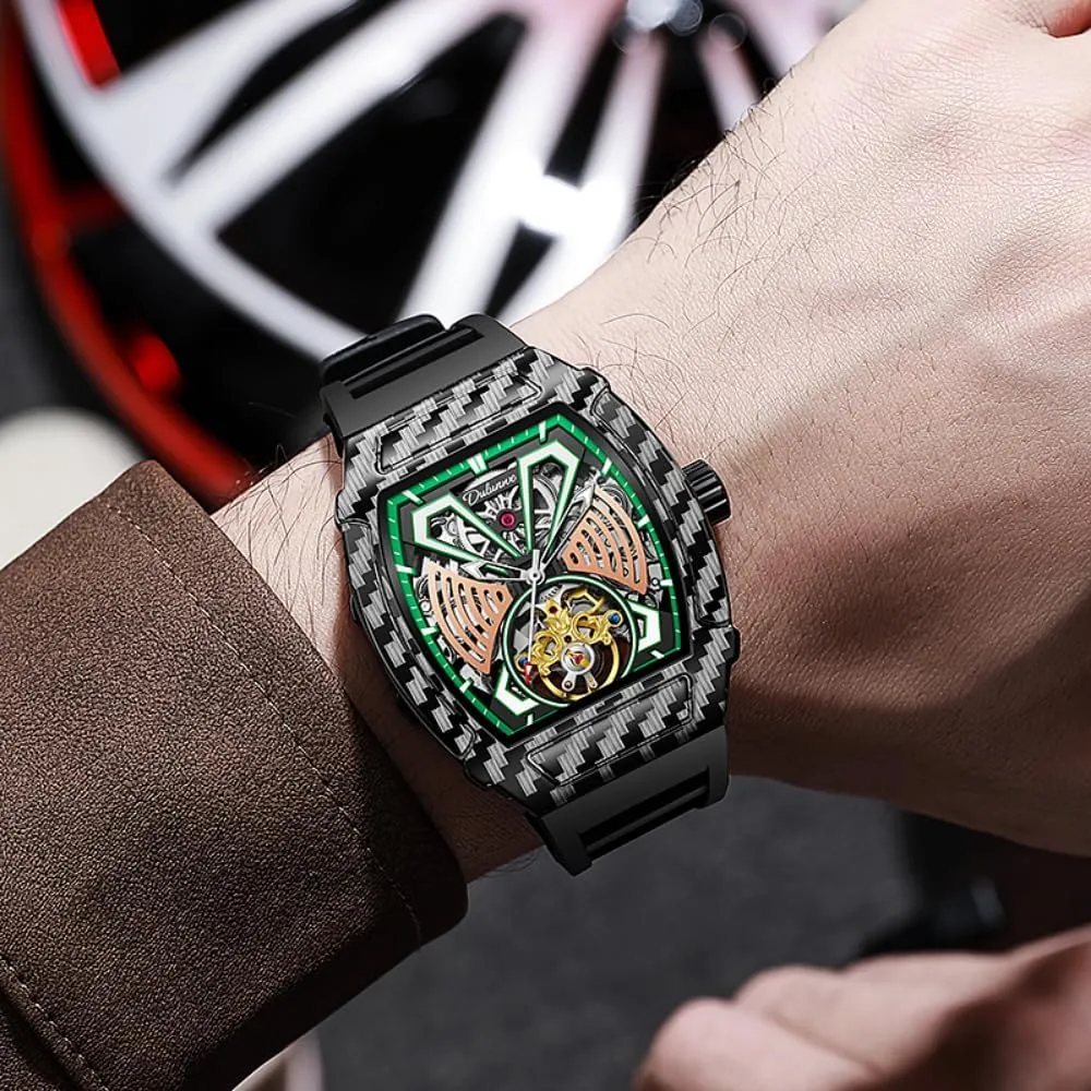 Tonneau Case Design Fashion Hollow Tourbillon Men Watches Luxury Big Dial Skeleton Automatic Mechanical Watch Waterproof Rubber Strap Wristwatch