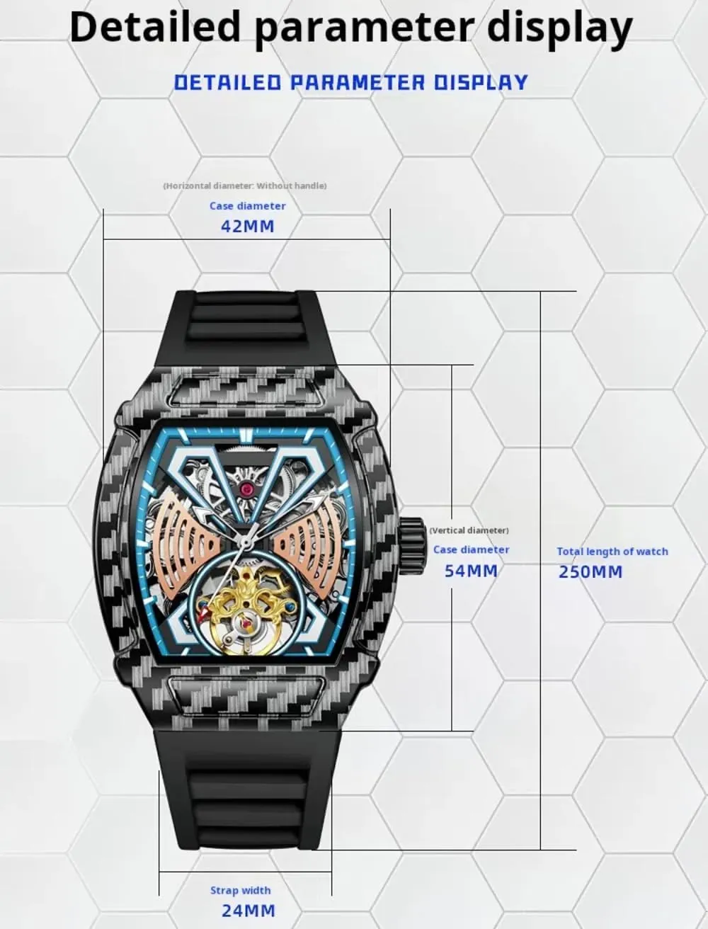 Tonneau Case Design Fashion Hollow Tourbillon Men Watches Luxury Big Dial Skeleton Automatic Mechanical Watch Waterproof Rubber Strap Wristwatch