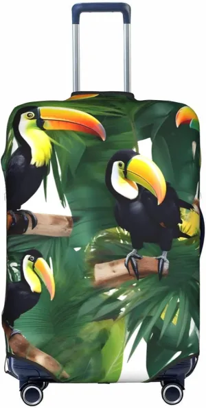 Toucans Parrot palm tree leaves Print Practical Elastic Washable Travel Luggage Cover with Concealed Zipper for Suitcases